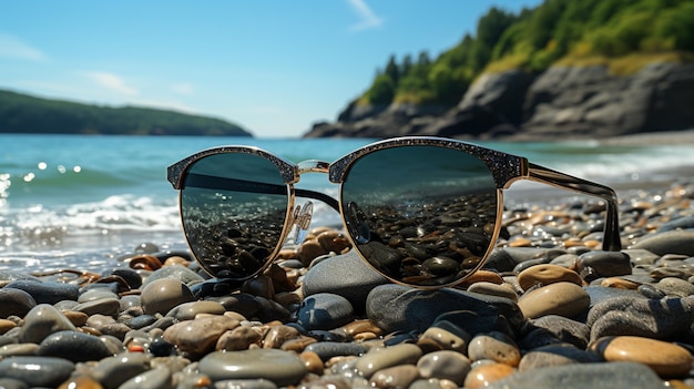 Gafas de sol negras en la playa del mar