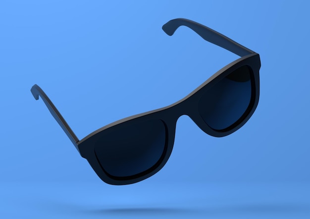 Gafas de sol negras de verano cayendo sobre un fondo azul brillante pastel Concepto mínimo creativo 3D