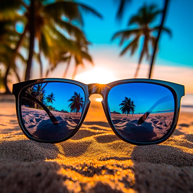 Foto gafas de sol oscuras de verano tiradas en la arena con vistas a la playa