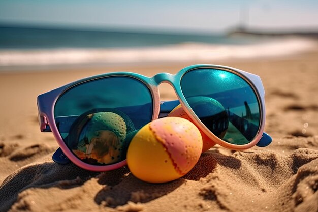 Gafas de sol y pelota en una playa soleada IA generativa