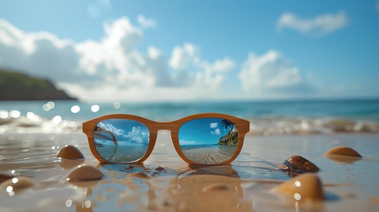 Gafas de sol en una playa de arena húmeda que refleja un paraíso tropical con cielos despejados y olas del océano