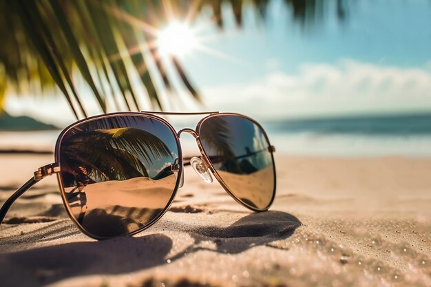 Gafas de sol en la playa de arena con palmeras en el fondo concepto de verano ai generado