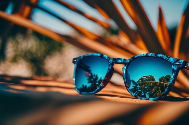 Gafas de sol en la playa azul océano fondo ilustración generativa AI