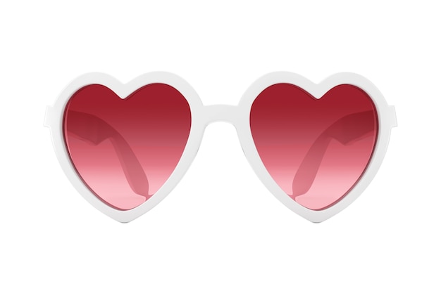 Gafas de sol de playa blanca en forma de corazón con gafas de color rosa sobre un fondo blanco. Representación 3D