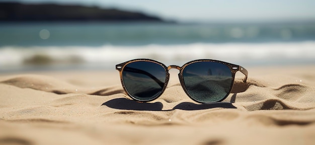 Gafas de sol en la playa con el mar de fondo