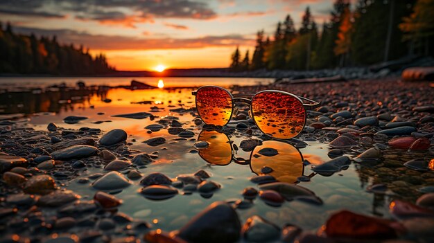 gafas de sol en la playa de la noche al atardecer