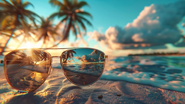 gafas de sol en una playa con palmeras en el fondo