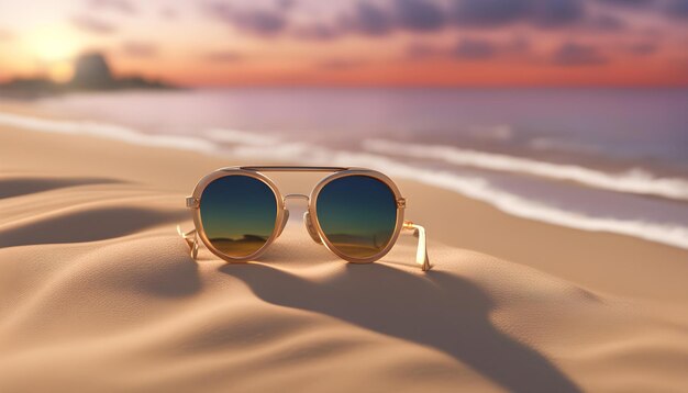 gafas de sol en una playa con la puesta de sol en el fondo