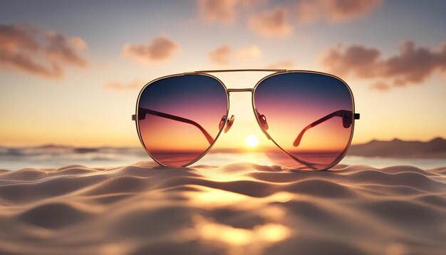 gafas de sol en la playa con la puesta de sol en el fondo