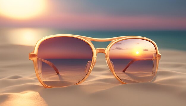 gafas de sol en una playa con una puesta de sol en el fondo