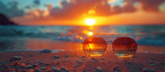 gafas de sol en una playa con una puesta de sol en el fondo