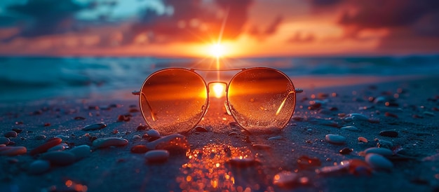 gafas de sol en la playa con el sol poniéndose detrás de ellos