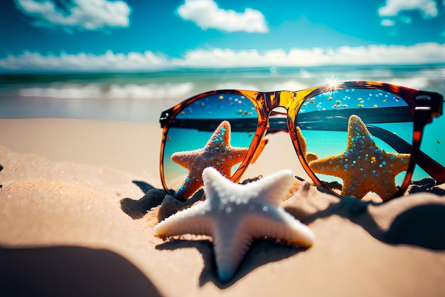 Foto gafas de sol de playa de verano con fondo borroso