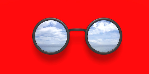 Gafas de sol redondas negras con vistas al mar reflejadas en lentes aisladas en una ilustración 3d de fondo rojo