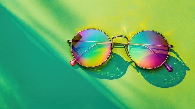 Foto gafas de sol reflectantes redondas de varios colores en superficie de dos tonos