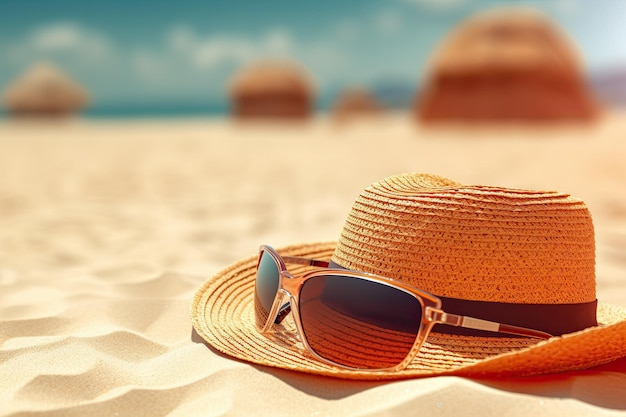 Gafas de sol y sol en la playa de arena para el fondo de verano con espacio para copiar texto