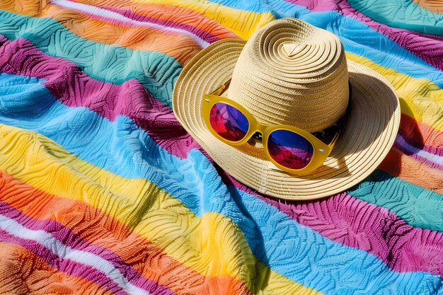 Foto gafas de sol y sombrero de paja en una colorida toalla de playa accesorios de vacaciones de verano