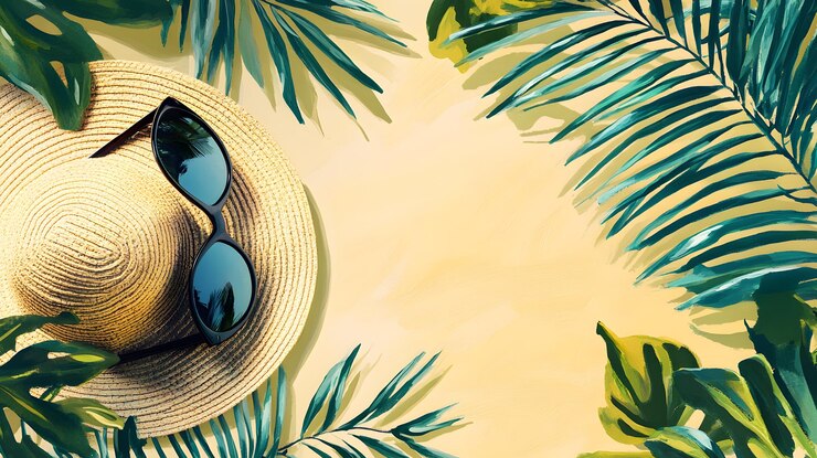 Gafas de sol de sombrero de paja y hojas tropicales sobre un fondo amarillo