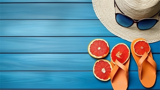 Gafas de sol con sombrero de paja y naranjas sobre un fondo de madera azul Vista superior
