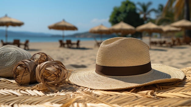 Gafas de sol con sombrero de paja y toalla sobre la mesa en arena bronceada y mar bronceado