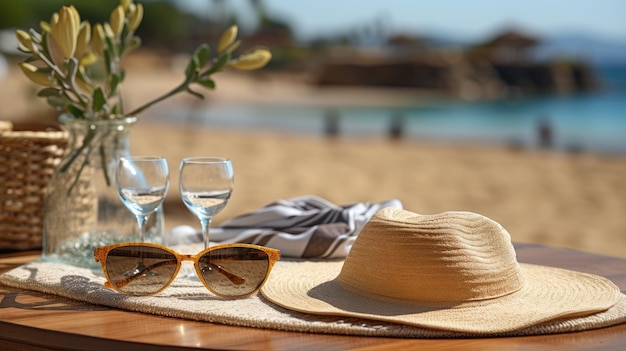 Gafas de sol con sombrero de paja y toalla sobre la mesa en arena bronceada y mar bronceado