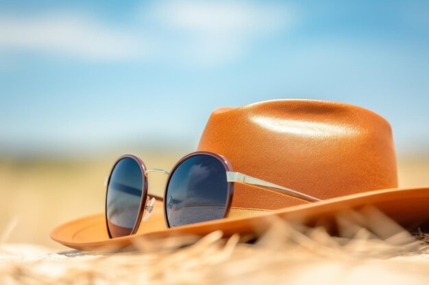 Gafas de sol y sombrero en la playa con fondo de mar y cielo