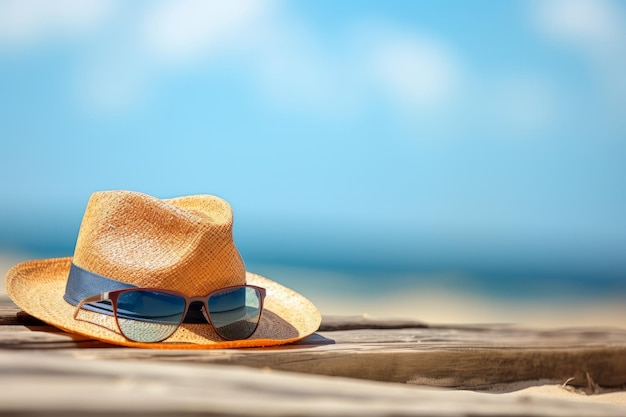 Gafas de sol y sombrero en la playa con fondo de mar y cielo