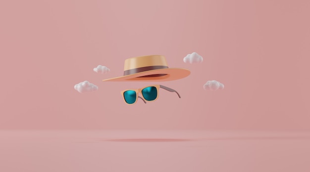 gafas de sol con sombrero en rosa. Concepto de viaje.