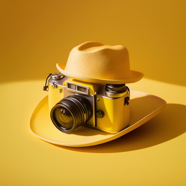 gafas de sol y sombrero sobre fondo amarillo concepto de viaje generativo con ai