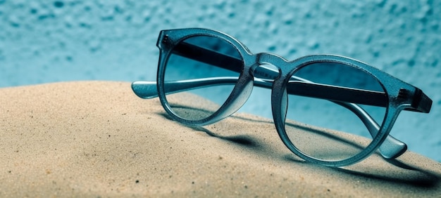 Gafas de sol en una superficie cubierta de arena con un fondo azul generativo ai