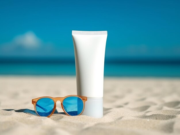 gafas de sol y un tubo de crema solar en una playa de arena generativa ai