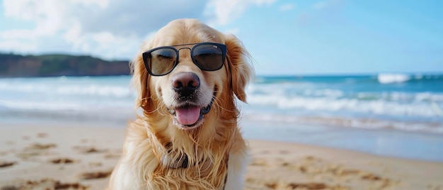 Gafas de sol de verano en un golden retriever en la playa