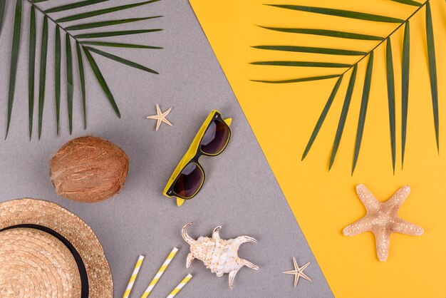 Gafas y sombrero con conchas y estrellas de mar sobre una superficie coloreada.