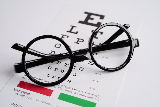 Gafas en la tabla de examen ocular para probar la precisión de la vista de la lectura