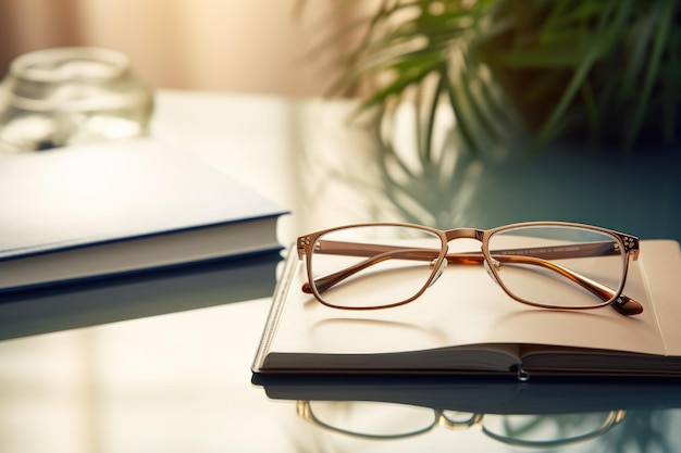 Gafas tiradas en la mesa de la oficina con un bloc de notas