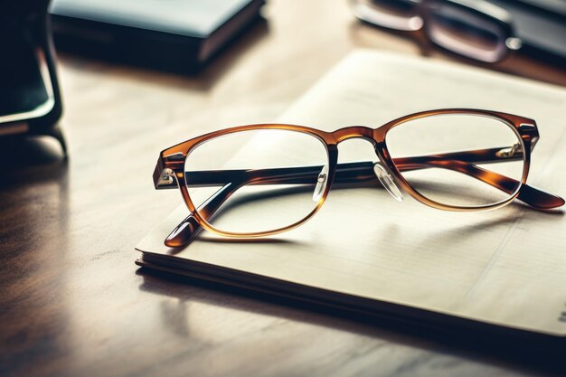 Gafas tiradas en la mesa de la oficina con un bloc de notas