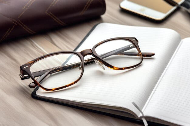 Gafas tiradas en la mesa de la oficina con un bloc de notas