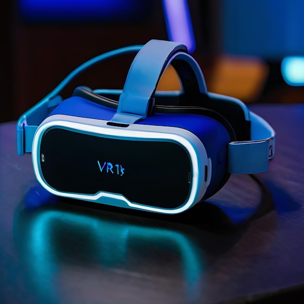 Gafas VR para juegos Un auricular de realidad virtual está sentado en una mesa diseñada por IA