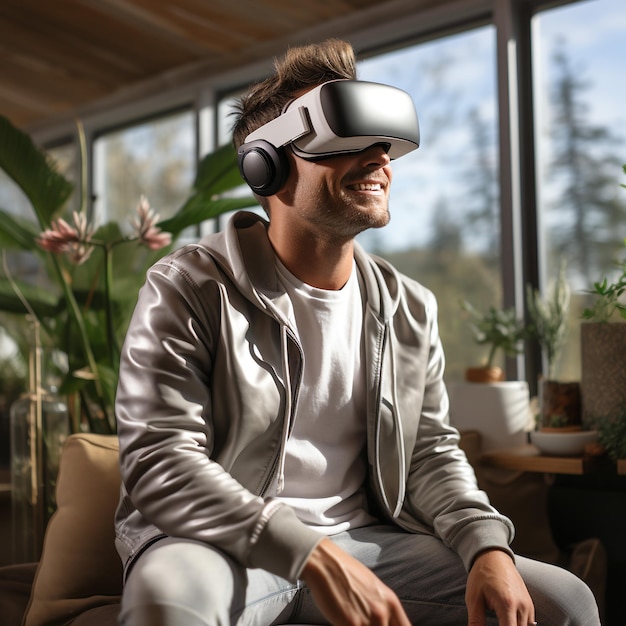 Gafas VR y uso de tableta futurista en casa el concepto de metaverso