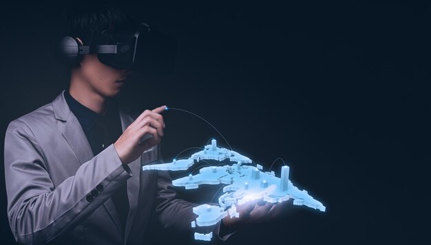 Gafas VR virtual mostrar el plan de la ciudad global conexión 3D haciendo negocios online metaverso