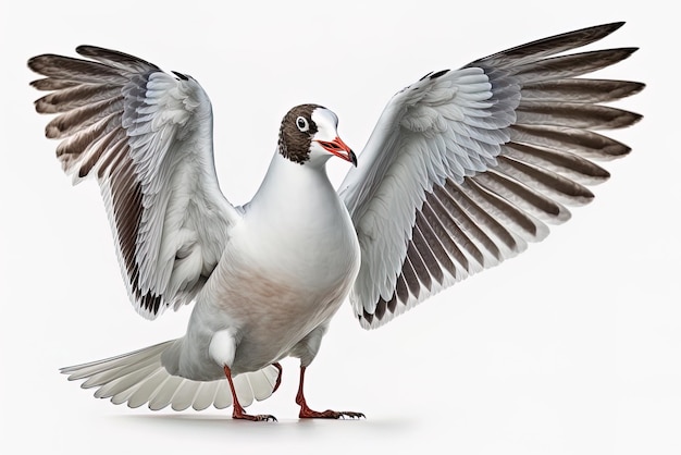 Gaivota de cabeça preta chroicocephalus ridibundus em plumagem de verão adulto batendo asas isolada em branco