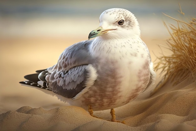 Gaivota em close-up sentada na areia na praia