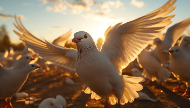 Gaivota voando ao pôr do sol abrindo asas no tranquilo céu de verão gerado pela inteligência artificial