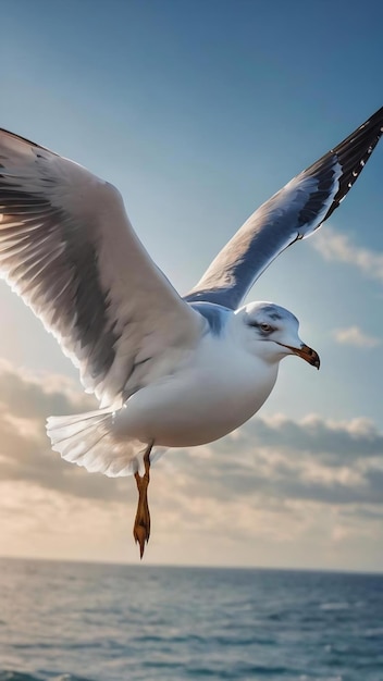 Gaivota voando em um céu azul como fundo