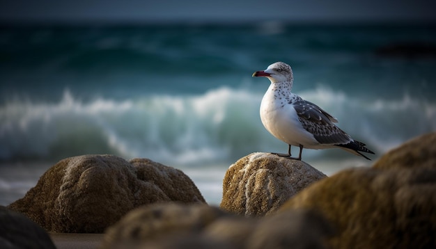 Gaivota voando sobre a costa rochosa perto da água gerada por IA