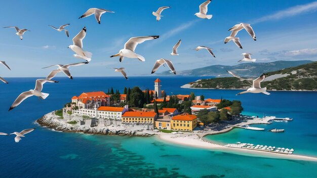 Foto gaivotas e ilha de sveti stefan no montenegro