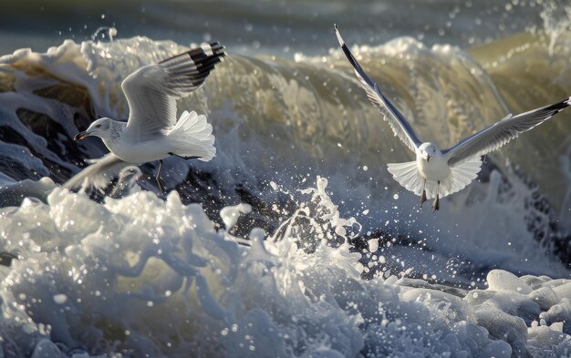 Gaivotas oceânicas acima das ondas