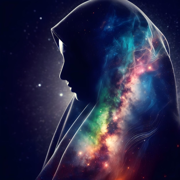 Galaktische muslimische Silhouette Traumhafte doppelte Belichtung Hintergrund