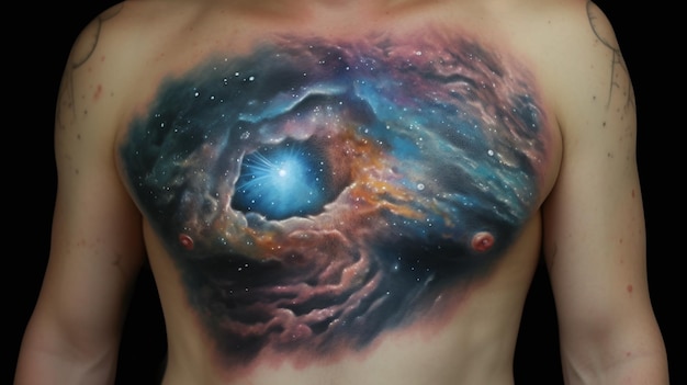 Galaktische Tinte Ein hochrealistisches Universum-Tattoo eines Nebels auf der Brust eines Mannes