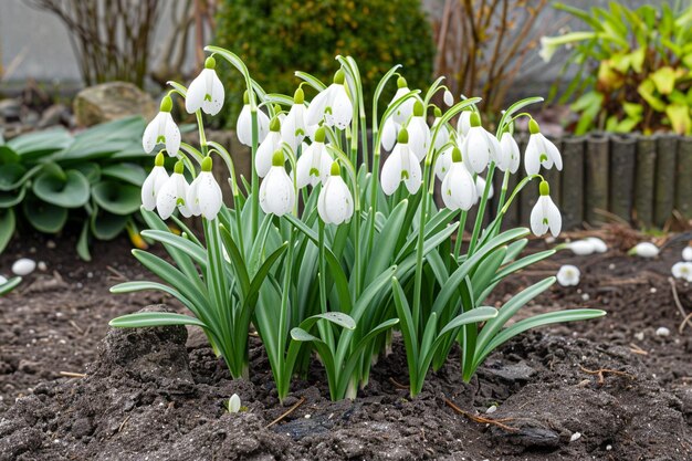 Foto galanthus nivalis flores con tallos y hojas de la nevera común que florece de color blanco brillante común